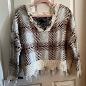 Polly & Esther Plaid V-Neck Sweater - Cream and Brown